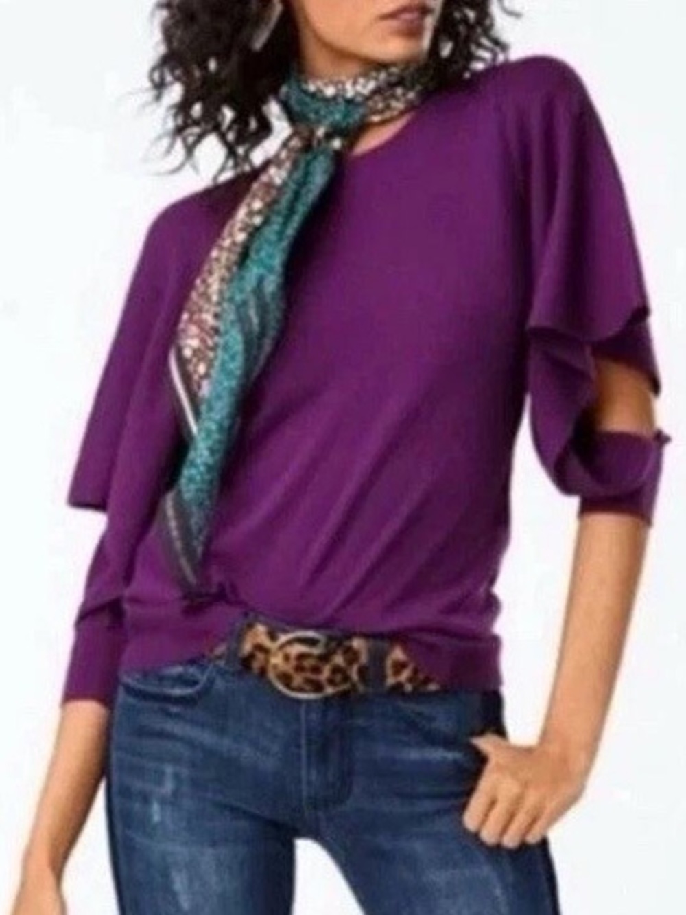 Cabi Purple Peek Pullover Sweater Medium Long Sleeve Cutout Details Cotton Blend